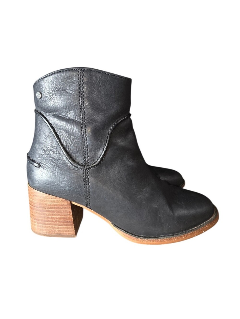 UGG Annie Boot Black Leather Ankle Bootie Sz 8 Chunky Heel